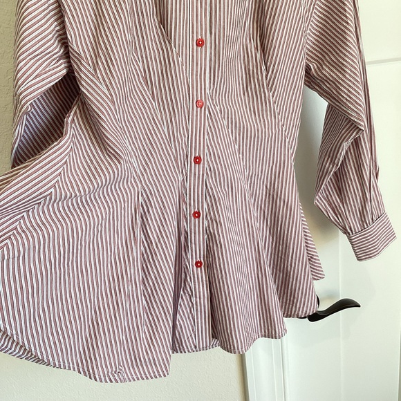 Anthropologie Long-Sleeve Waisted Button-Down Shirt Striped NEW Red Pattern - Picture 7 of 15